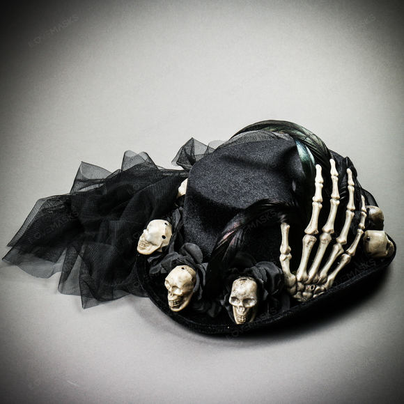 Halloween Skeleton Hand Skull Top Hat with Rose - Black - Picture 2 of 10